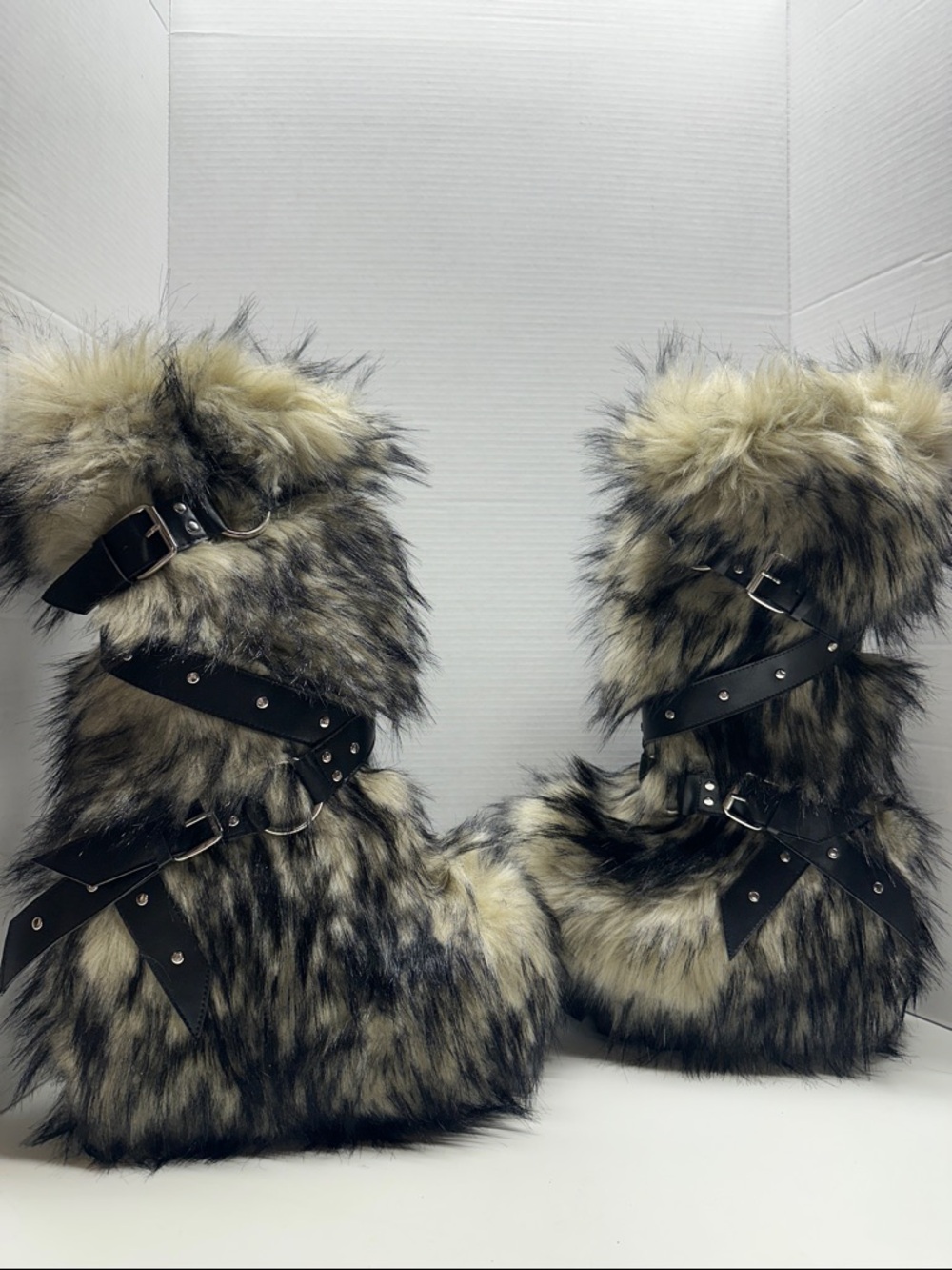 Dolls Kill Club Exx Wild Instincts Thigh High Platform Faux Fur Boots Tan Black
